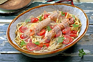 Seafood Italian pasta with mantis shrimp, or sea cicadas