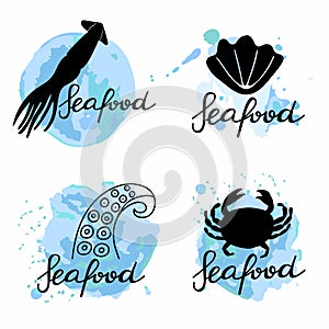 Seafood lettering set. Hand drawn label for food packaging, local sea product simple stamp collection. Text with blue abstract