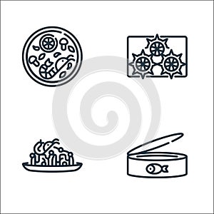 Seafood line icons. linear set. quality vector line set such as canned food, pasta, sea urchin