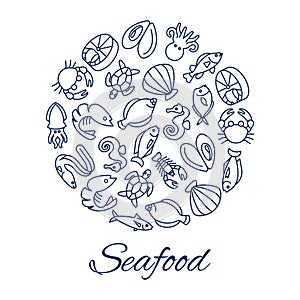 Seafood line icons round concept with fishes oyster crabs isolated on white background