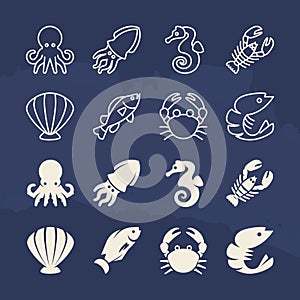 Seafood linear and silhouette icons set on grunge background