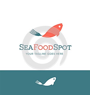 Seafood logo. Fish with fork utensil shaped tail.