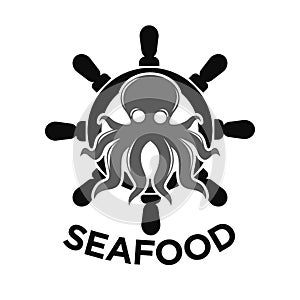 Seafood logo with helm and octopus isolated on white
