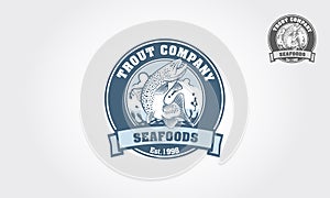 Seafood logo with salmon in emblem style.