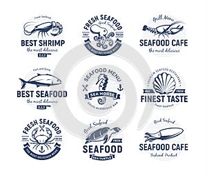 Seafood logo set. Sea creatures, fishing or restaurant emblems. Retro style logo template. Modern emblem idea. Concept