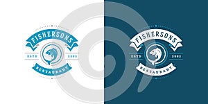 Seafood logo or sign vector illustration fish market and restaurant emblem template design fish with helm silhouette