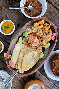Seafood lunch, fried fish with shrimp, typical dish, barreado photo