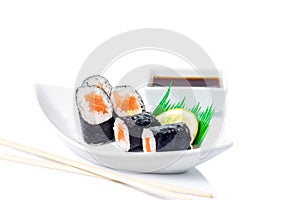 Seafood Maki sushi in white plate isolated on white background