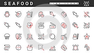 Seafood, marine animal, fish in shop or restaurant menu thin red and black line icons set