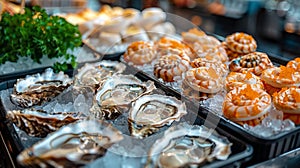 seafood market display, local shellfish and crustaceans like oysters and mussels are readily available at this seafood photo