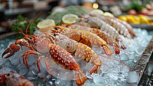 seafood market display, vibrant crustaceans, like shrimp, crabs, and lobsters, beautifully arranged on ice at a seafood photo