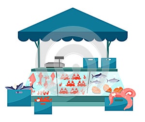 Seafood market stall flat illustration. Fresh sea food in ice trade tent, fish counter. Fair, summer market stand. Local