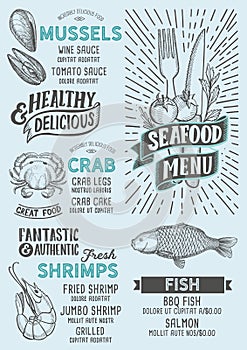 Seafood menu food template for restaurant with doodle hand-drawn graphic.