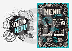 Seafood menu food template for restaurant with doodle hand-drawn graphic