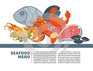 Seafood menu poster vector design for fresh fish gourmet sea food restaurant
