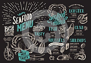 Seafood menu for restaurant on chalkboard background. Vector foo