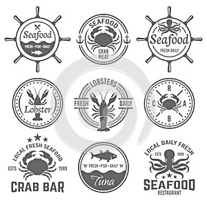 Seafood menu vector emblems, badges or labels