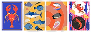 Seafood minimalistic poster. Abstract cartoon fish shellfish elements for restaurant menu background design, trendy