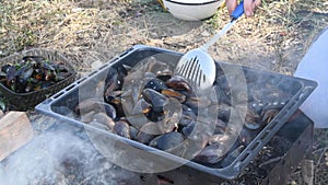 Seafood mussels in shells cooking outdoor on barbecue mangal with fire and steam