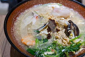Seafood noodles soup in restaurant
