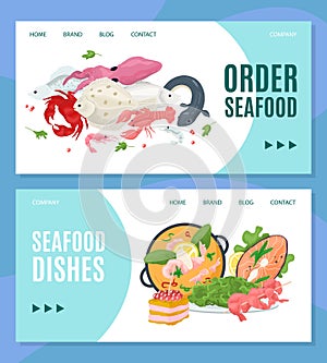 Seafood online web shop, order from restaurant vector illustration. Internet fresh fish delivery design banner, fast