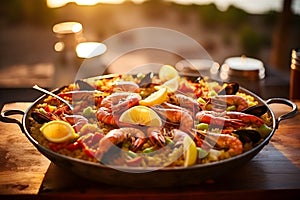 Seafood paella with a glass of wine on the table, set against a Mediterranean sea view at sunset photo