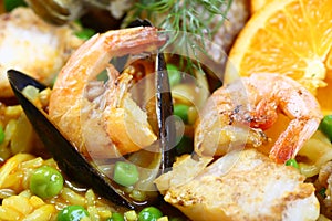 Seafood paella scampi mussels