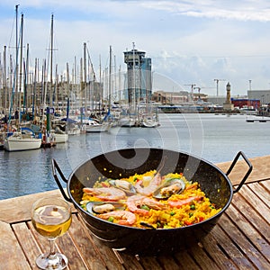 Seafood paella in seaside cafe, Barcelona