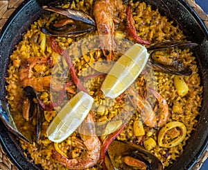 Seafood paella, traditional spanish dish