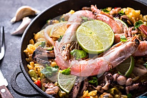 Seafood paella. Traditional spanish dish.