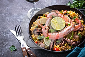 Seafood paella. Traditional spanish dish.