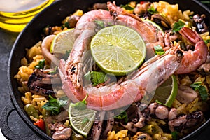 Seafood paella. Traditional spanish dish.