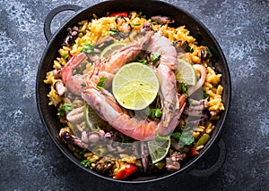 Seafood paella. Traditional spanish dish, top view.