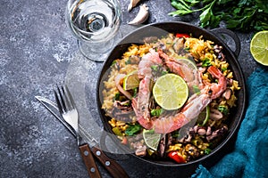 Seafood paella. Traditional spanish dish, top view.