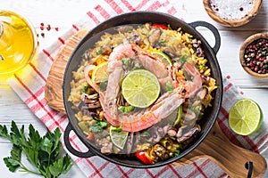 Seafood paella. Traditional spanish dish, top view.