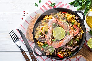 Seafood paella. Traditional spanish dish, top view.