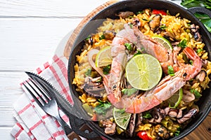 Seafood paella. Traditional spanish dish, top view.