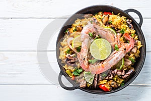 Seafood paella. Traditional spanish dish, top view.