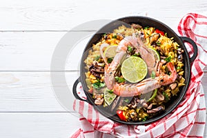 Seafood paella. Traditional spanish dish, top view.