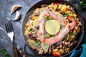 Seafood paella. Traditional spanish dish, top view.