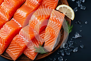 Seafood panorama Sliced portions of large salmon fillet adorn the background