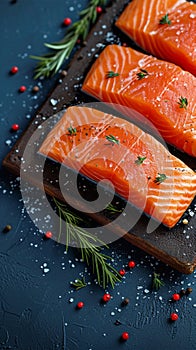 Seafood panorama Sliced portions of large salmon fillet adorn the background