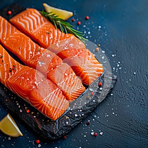 Seafood panorama Sliced portions of large salmon fillet adorn the background