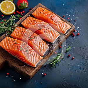 Seafood panorama Sliced portions of large salmon fillet adorn the background