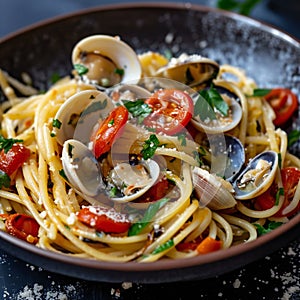 Seafood pasta with clams Spaghetti alle Vongole on a dark background.