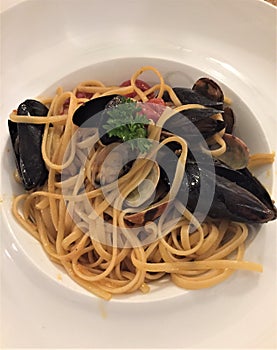 Seafood pasta dish in a restaurant