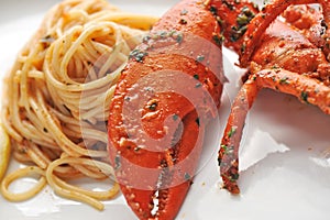 Seafood pasta linguine with fresh lobster