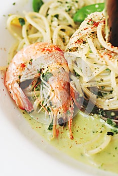 Seafood pasta with pesto sauce