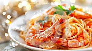 Seafood pasta with shrimp on blurred restaurant background, space for text placement