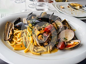 Seafood pasta in Sorrento Italy